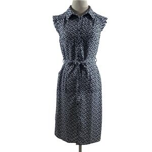 Monteau Los Angeles Navy Blue White Floral Button Front Tie Waist Midi Dress M